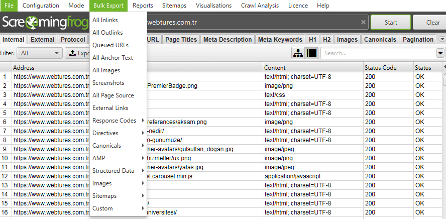 Screaming Frog Bulk Export