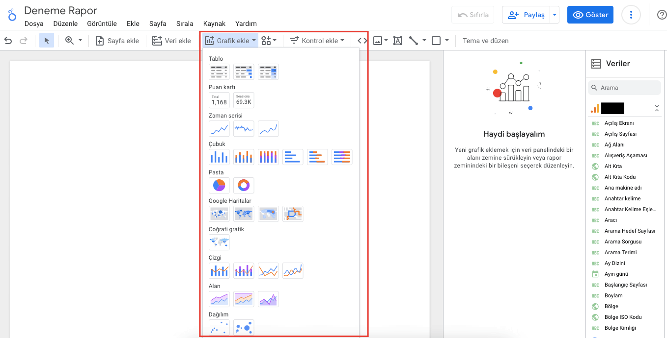 Looker Studio Grafik Seçeneklerii