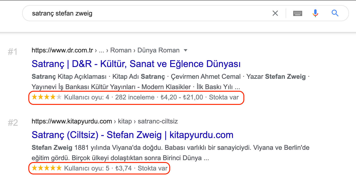 Schema ürün işaretlemesi görünümü