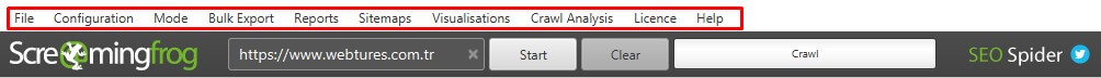 Screaming Frog Menü Öğeleri