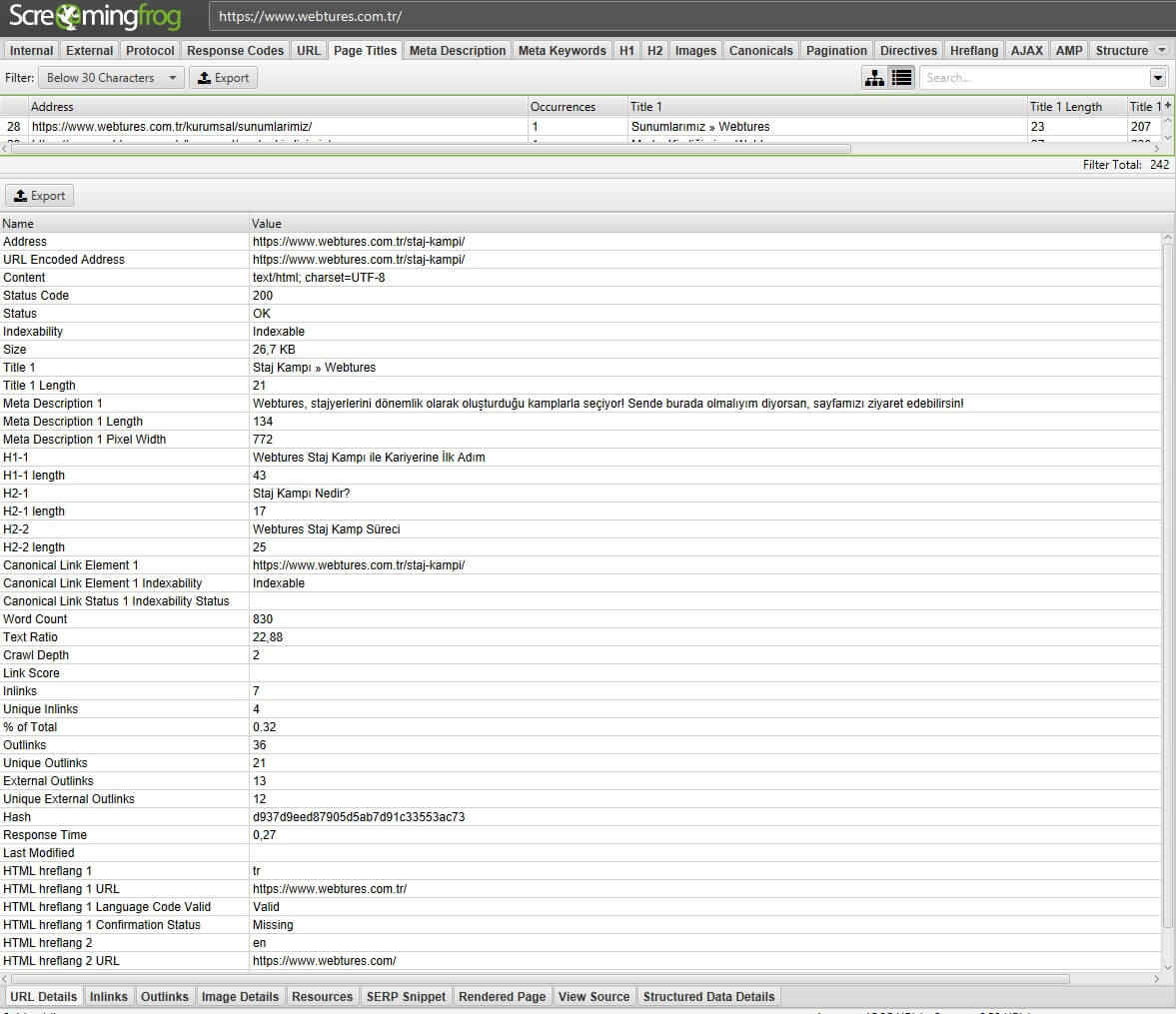Screaming Frog URL Detayları