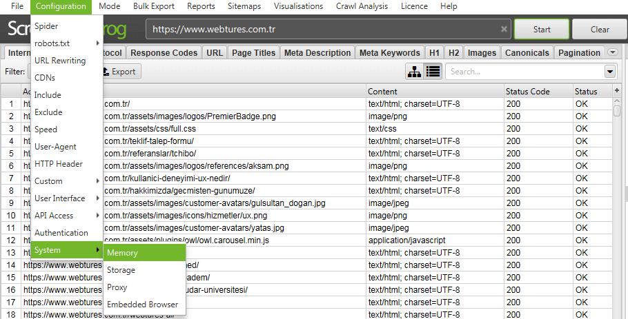 Configuration menüsü