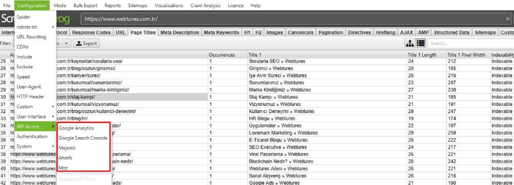 screaming frog api baglantısı