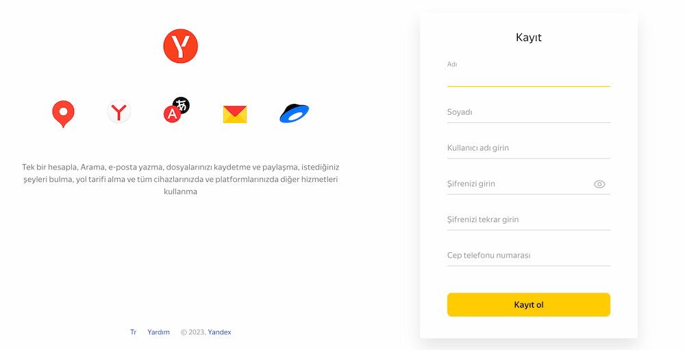 yandex id hesabı için kayıt olma