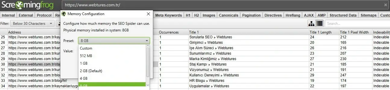 Screaming Frog Memory Configuration