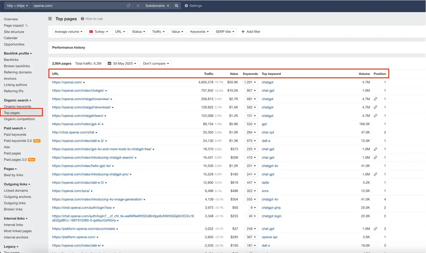 ahrefs top pages alanı 
